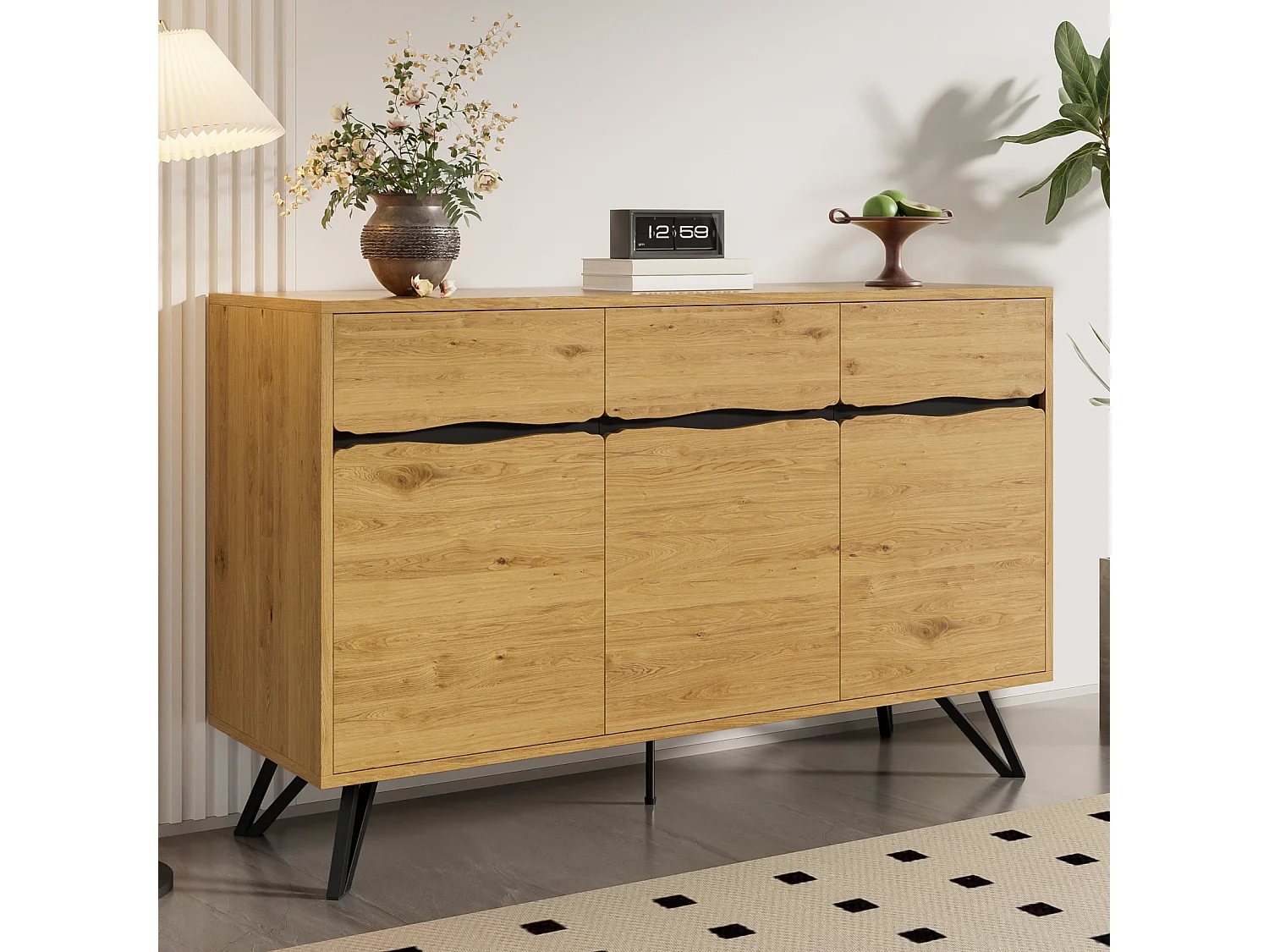 Credenza a tre ante con gambe in metallo, per camera da letto, soggiorno, 140 x 40 x 75,5 cm, Legno