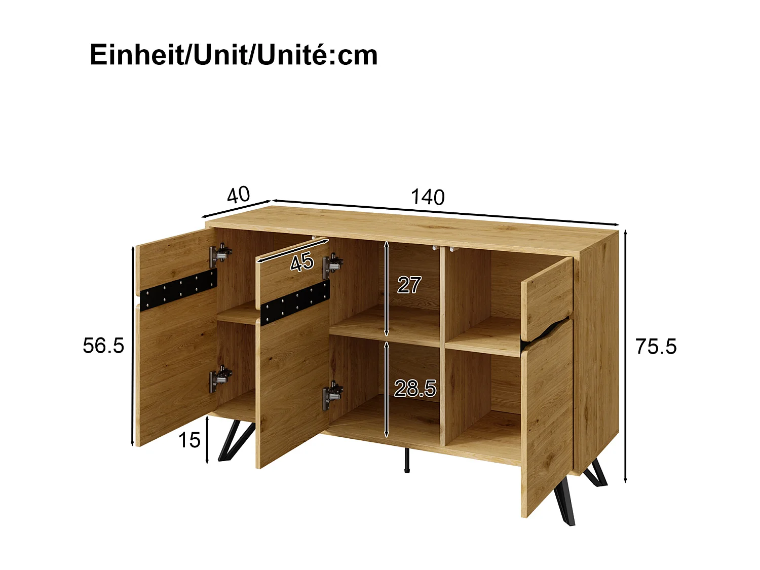 Credenza a tre ante con gambe in metallo, per camera da letto, soggiorno, 140 x 40 x 75,5 cm, Legno