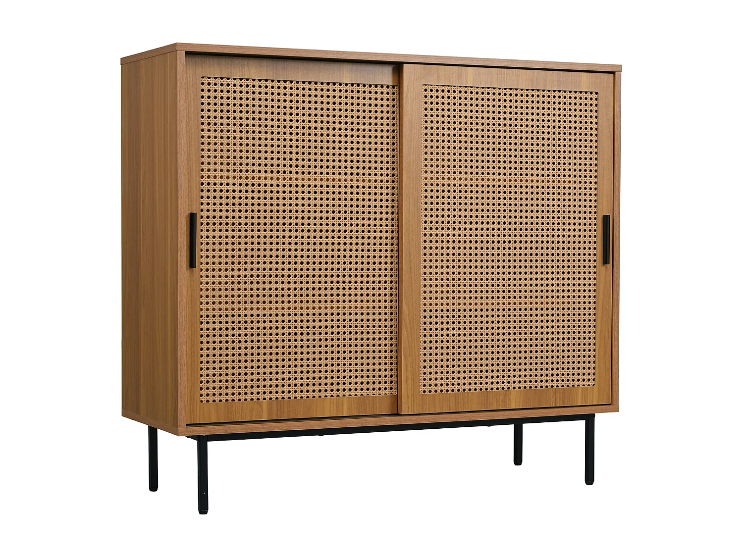 Credenza da cucina in rattan con 2 ante scorrevoli - con maniglie - Noce - 100 x 37 x 90 cm