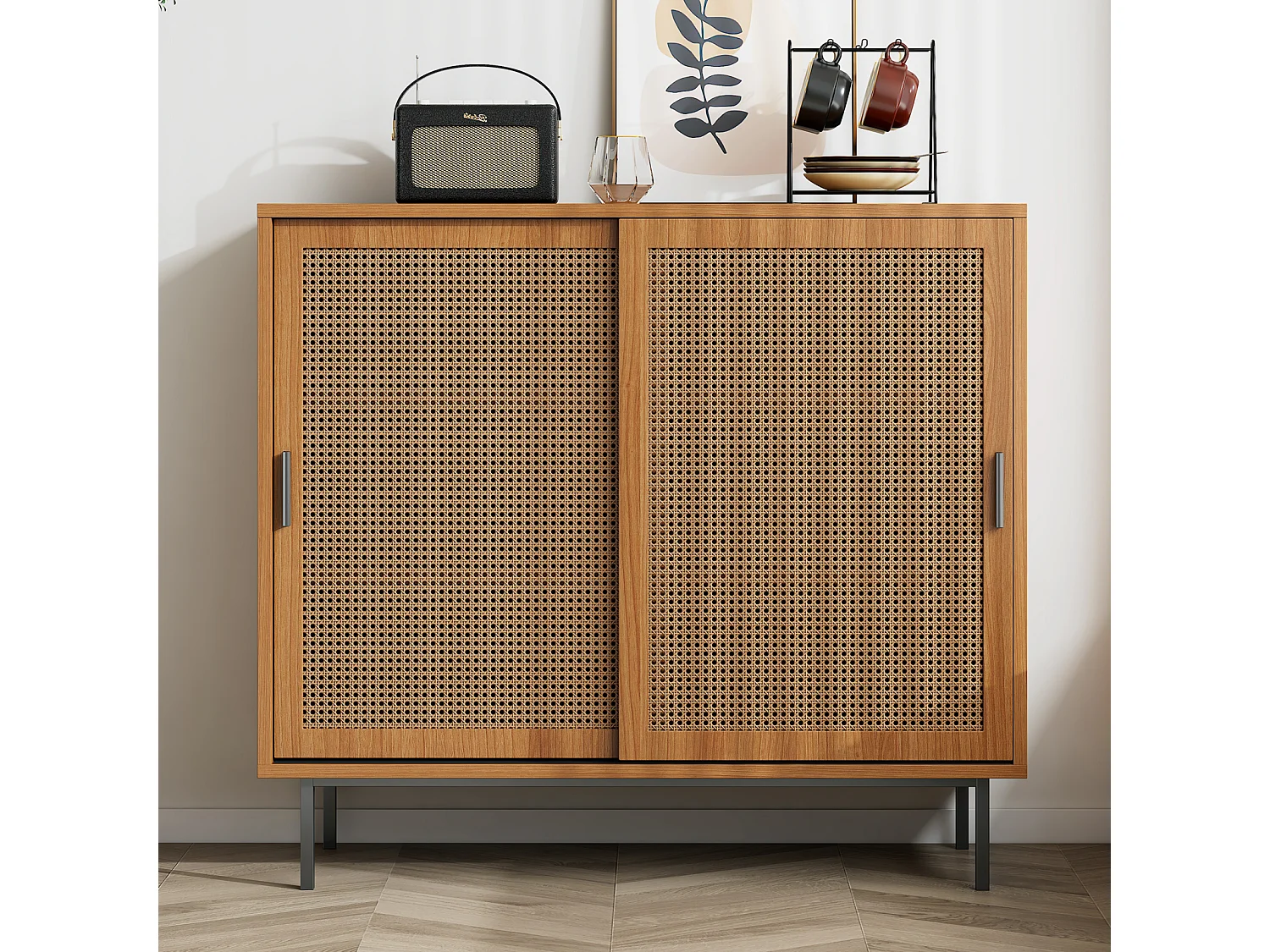 Credenza da cucina in rattan con 2 ante scorrevoli - con maniglie - Noce - 100 x 37 x 90 cm