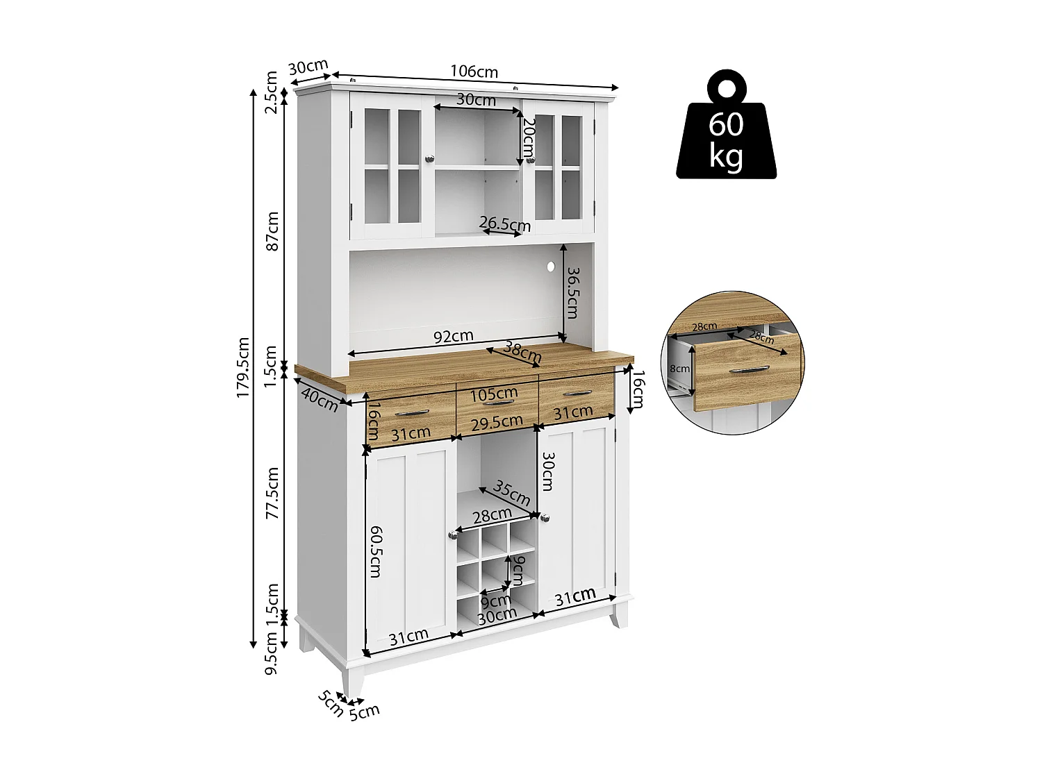 Aparador alto de cozinha com prateleiras ajustáveis e gaveta - para cozinha, sala de jantar, branco