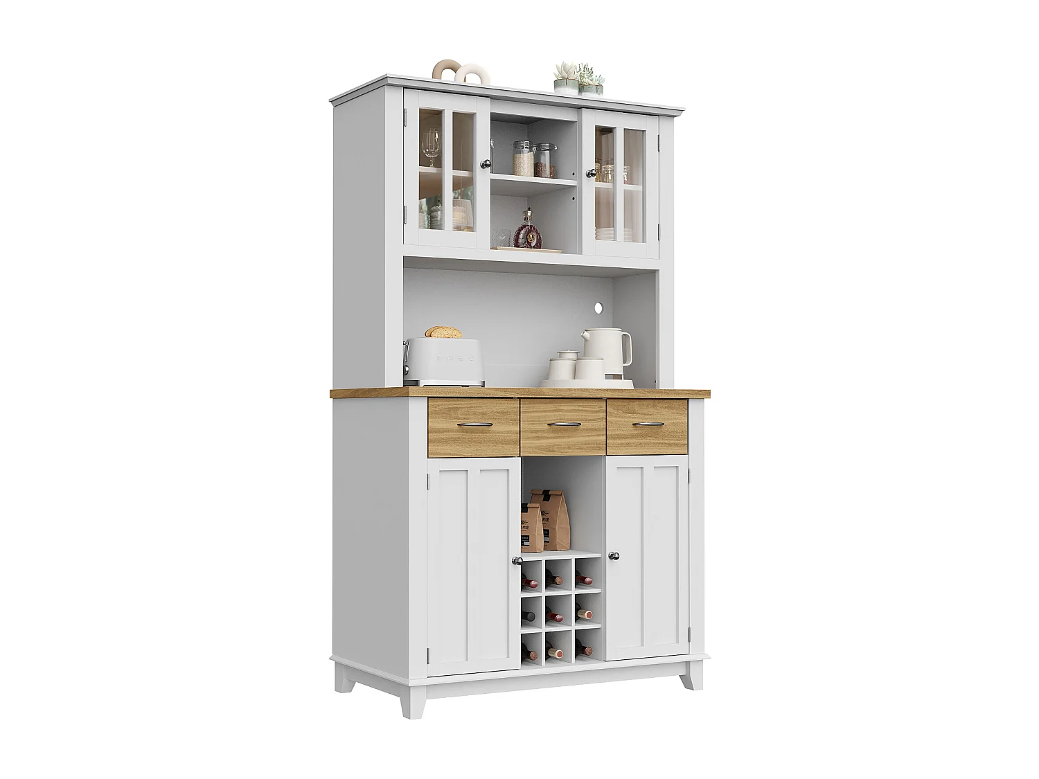 Aparador alto de cozinha com prateleiras ajustáveis e gaveta - para cozinha, sala de jantar, branco