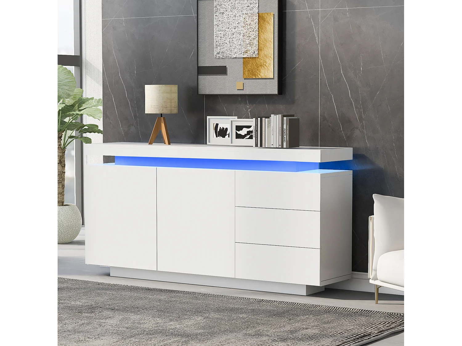 Aparador moderno con 2 puertas y 3 cajones, superficie brillante, iluminación LED, diseño sin tiradores, para salón, 140×35×72,5 cm, blanco