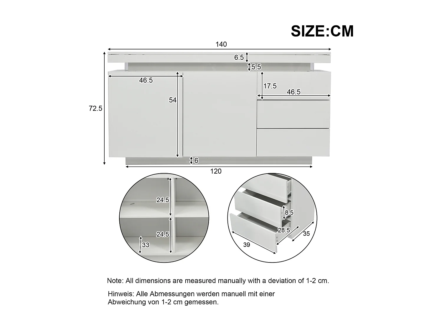 Aparador moderno con 2 puertas y 3 cajones, superficie brillante, iluminación LED, diseño sin tiradores, para salón, 140×35×72,5 cm, blanco