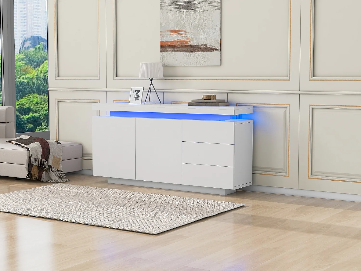 Aparador moderno con 2 puertas y 3 cajones, superficie brillante, iluminación LED, diseño sin tiradores, para salón, 140×35×72,5 cm, blanco