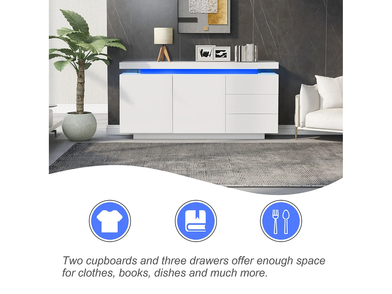 Aparador moderno con 2 puertas y 3 cajones, superficie brillante, iluminación LED, diseño sin tiradores, para salón, 140×35×72,5 cm, blanco