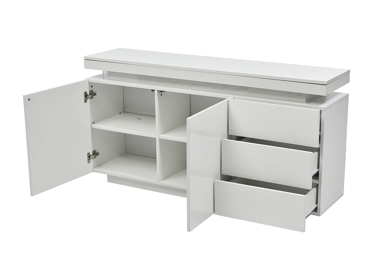 Aparador moderno con 2 puertas y 3 cajones, superficie brillante, iluminación LED, diseño sin tiradores, para salón, 140×35×72,5 cm, blanco