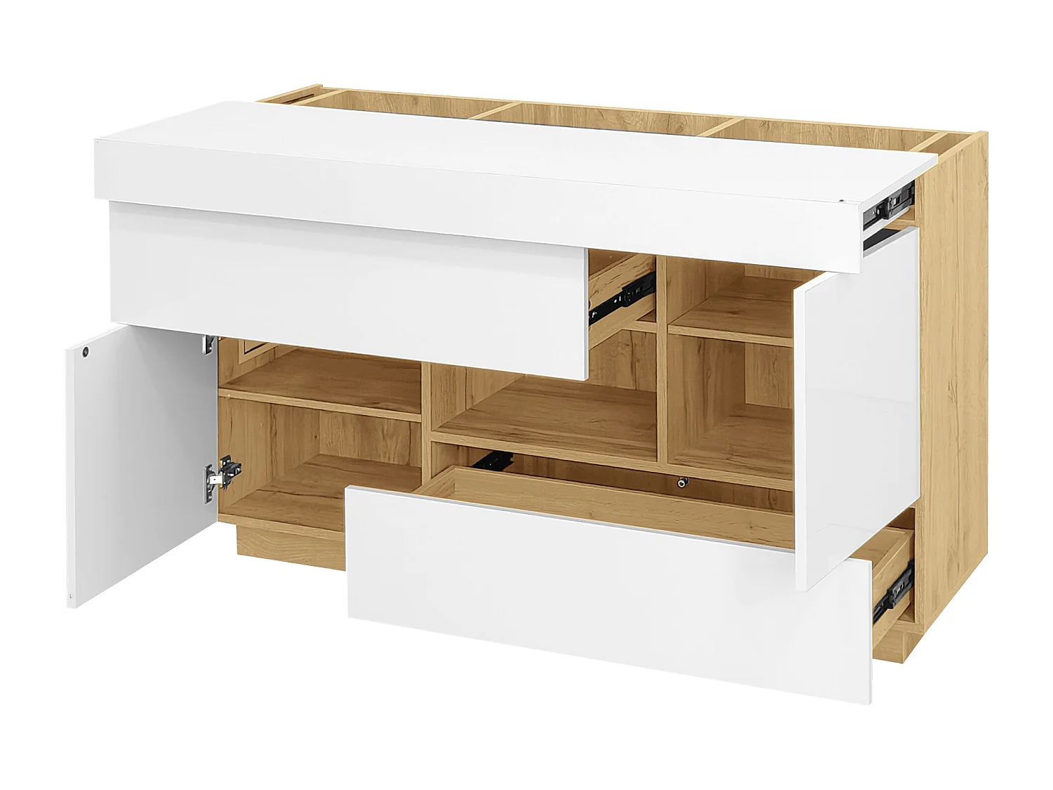 Credenza moderna con LED colorati e cassetti – Vetrina con finitura laccata lucida