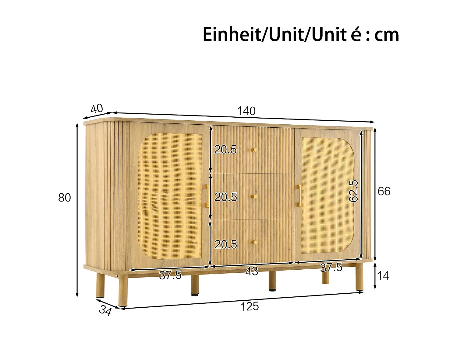Credenza in rattan con cassetti, gambe in metallo effetto legno, design curvo, 140 x 40 x 80 cm