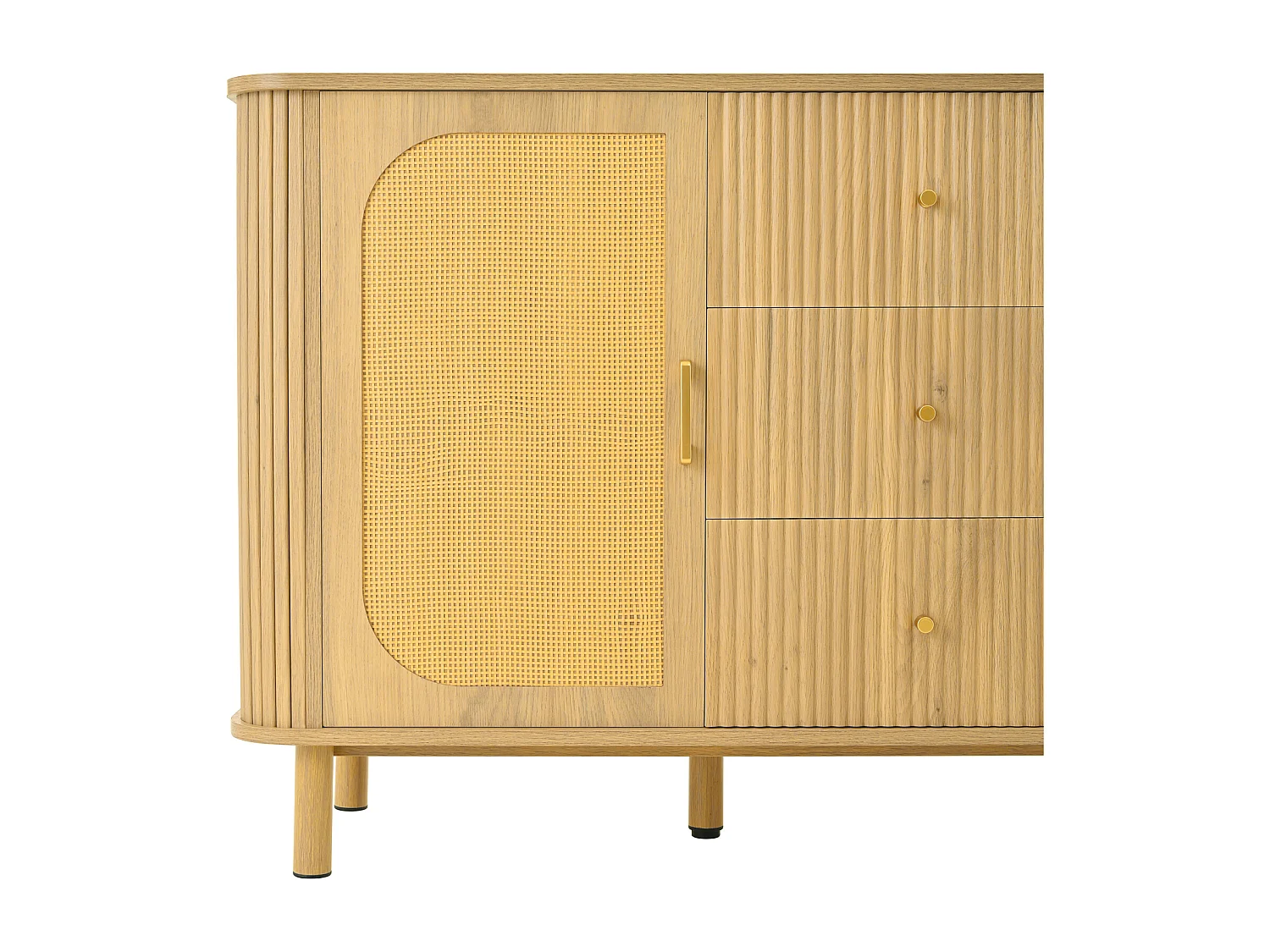 Credenza in rattan con cassetti, gambe in metallo effetto legno, design curvo, 140 x 40 x 80 cm