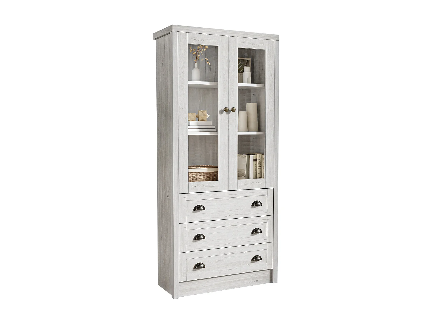 Buffet Haut 80x34x171 cm – Aspect Bois avec Portes vitrées, 3 tiroirs et poignées en cuivre, Gris