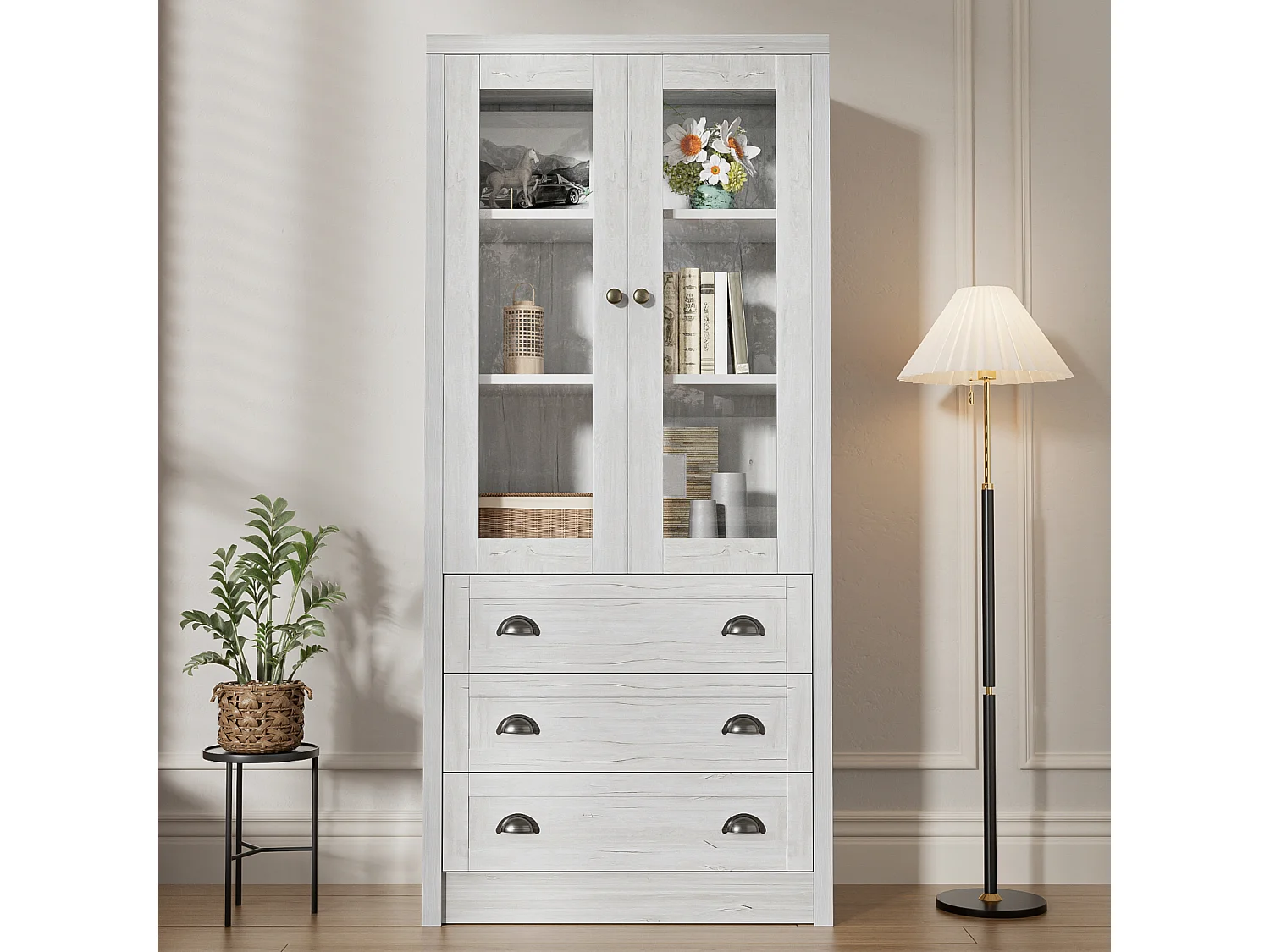 Buffet Haut 80x34x171 cm – Aspect Bois avec Portes vitrées, 3 tiroirs et poignées en cuivre, Gris
