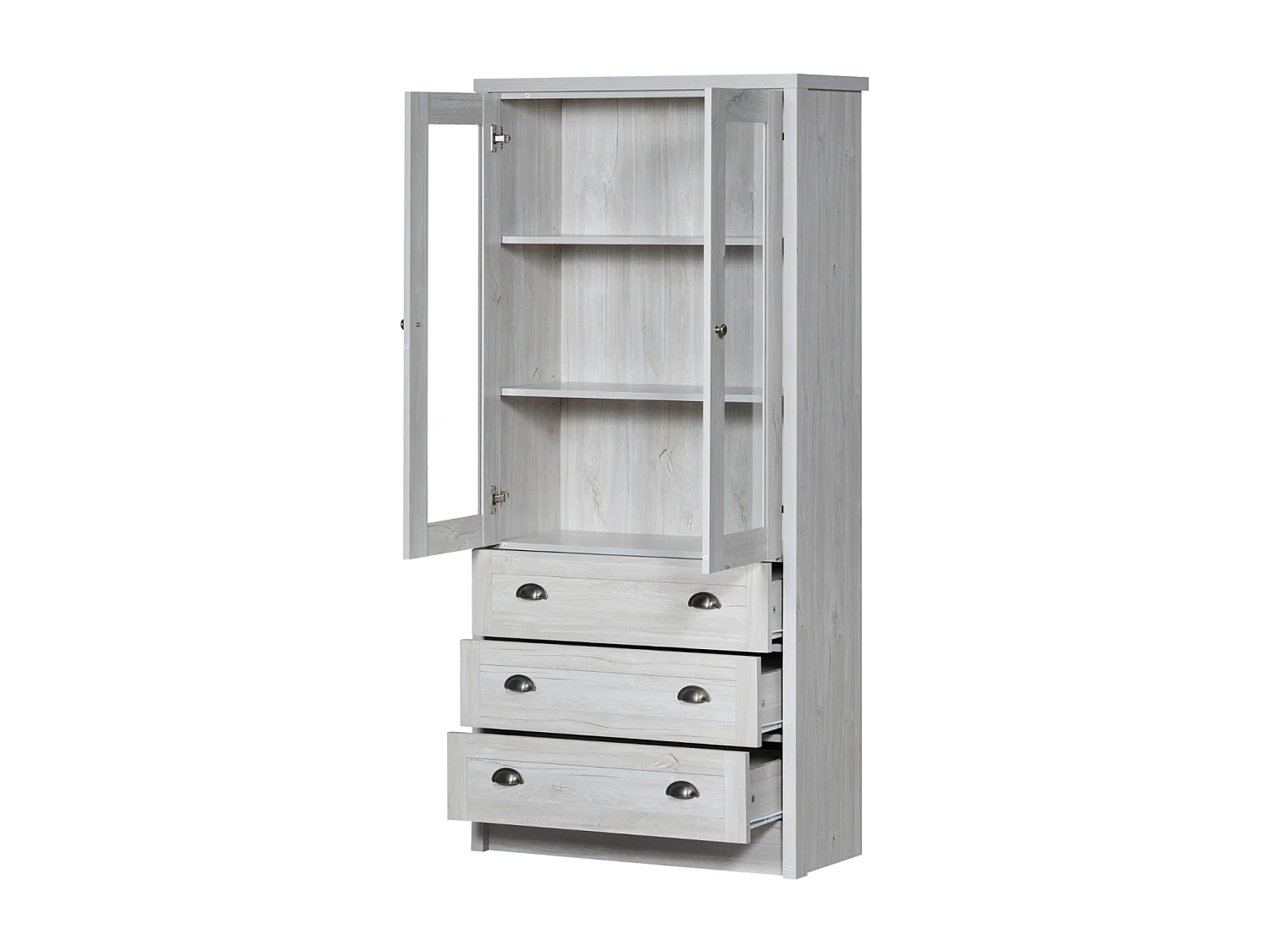 Buffet Haut 80x34x171 cm – Aspect Bois avec Portes vitrées, 3 tiroirs et poignées en cuivre, Gris