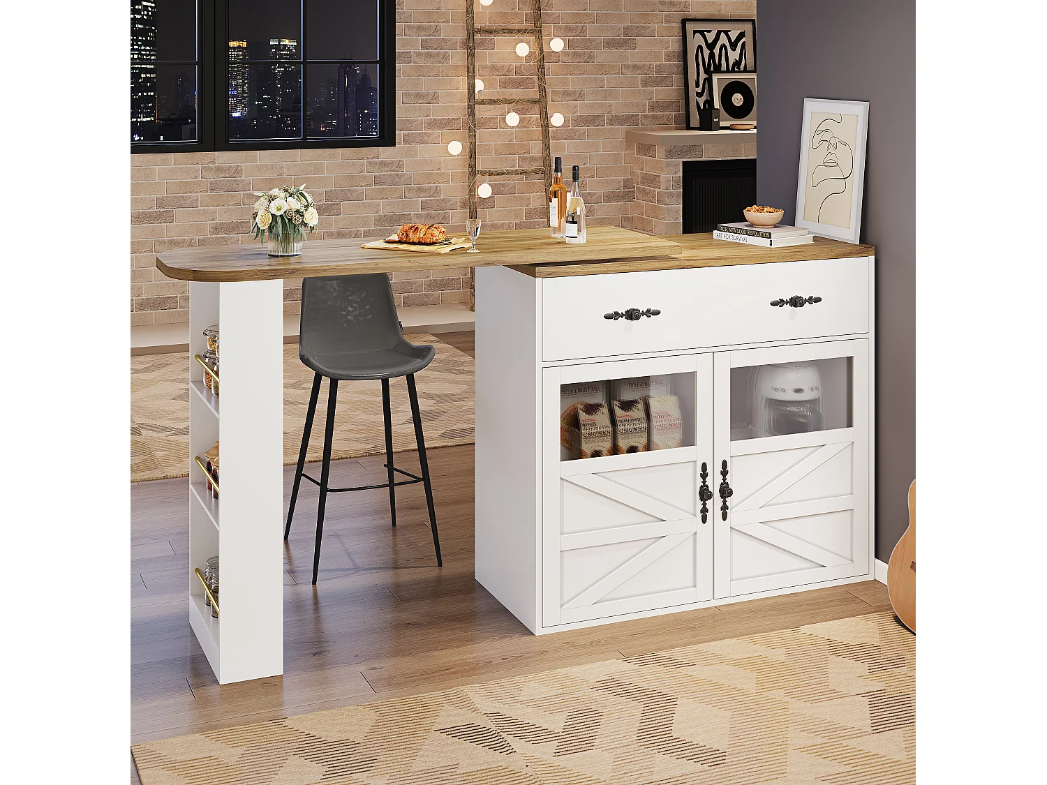 Buffet extensível com rotação de 360° e espaço de armazenamento, 138–204 cm, branco, com prateleiras.