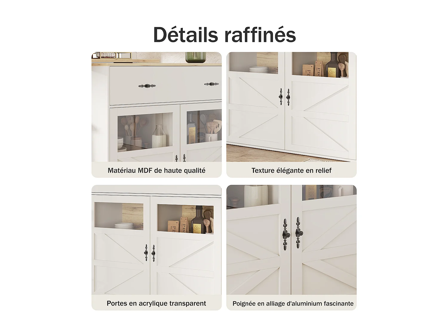 Buffet extensível com rotação de 360° e espaço de armazenamento, 138–204 cm, branco, com prateleiras.