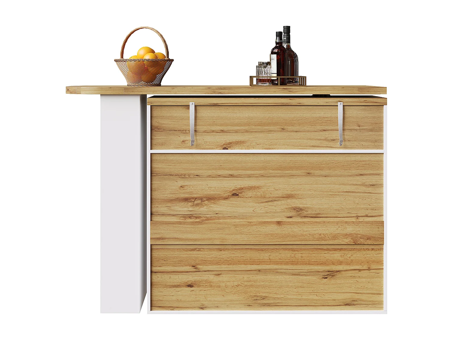 Buffet extensível com rotação de 360° e espaço de armazenamento, 138–204 cm, branco, com prateleiras.