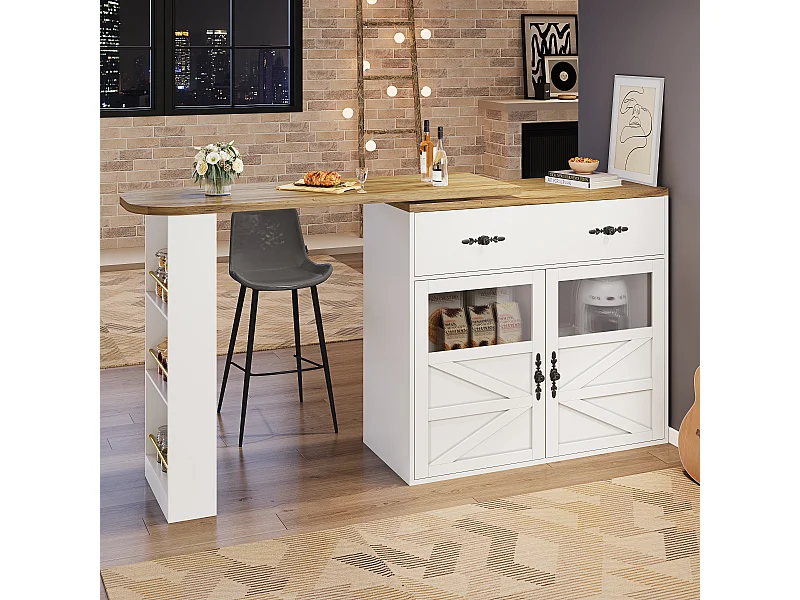 Buffet extensível com rotação de 360° e espaço de armazenamento, 138–204 cm, branco, com prateleiras.