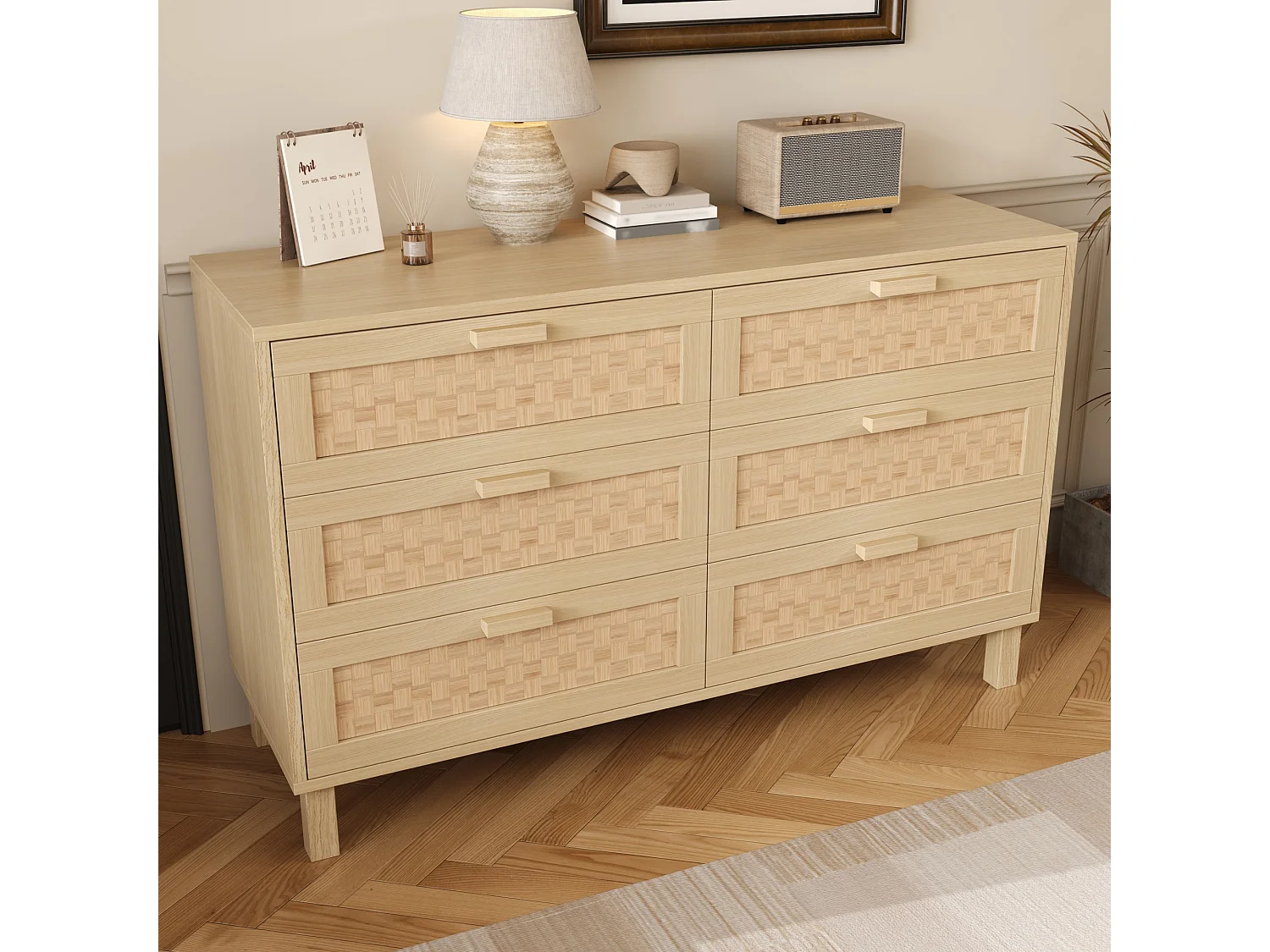 Credenza in legno con 6 cassetti in rattan, contenitore per soggiorno, camera da letto e sala da pranzo, 120x75x40cm
