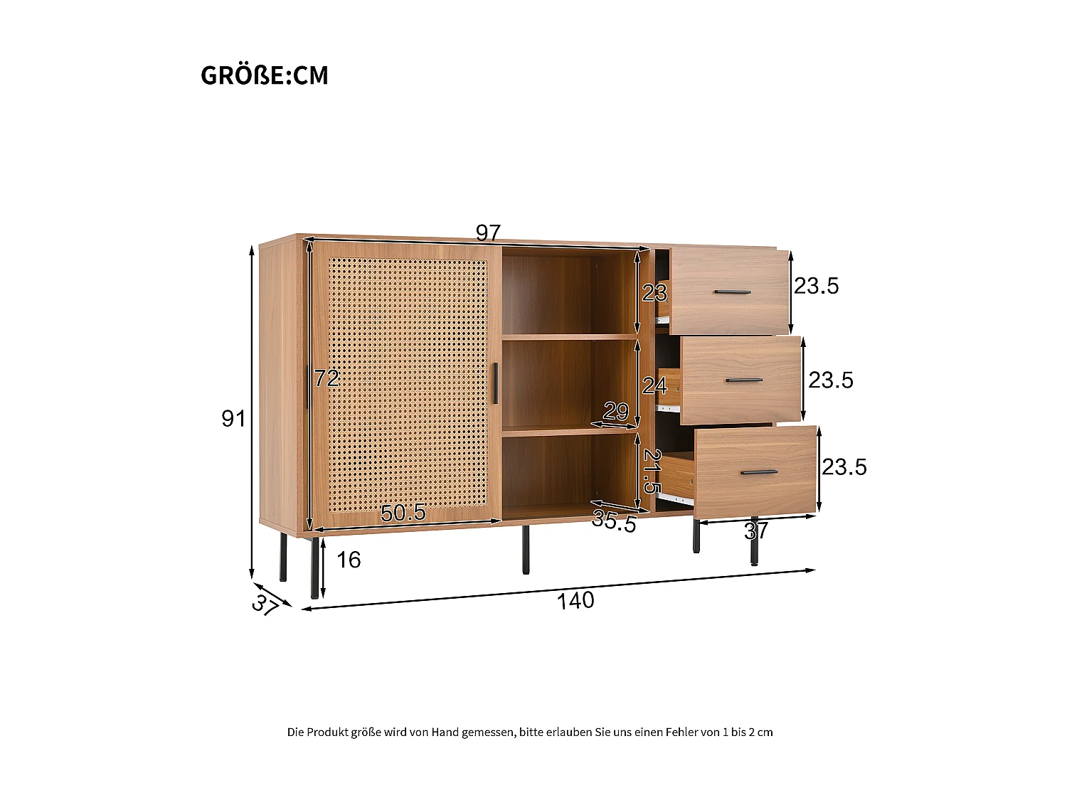 Buffet de cuisine en rotin avec 2 portes coulissantes en rotin et 3 tiroirs, noyer/140 x 37 x 91 cm