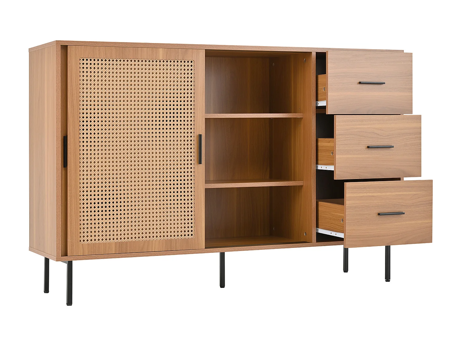 Buffet de cuisine en rotin avec 2 portes coulissantes en rotin et 3 tiroirs, noyer/140 x 37 x 91 cm