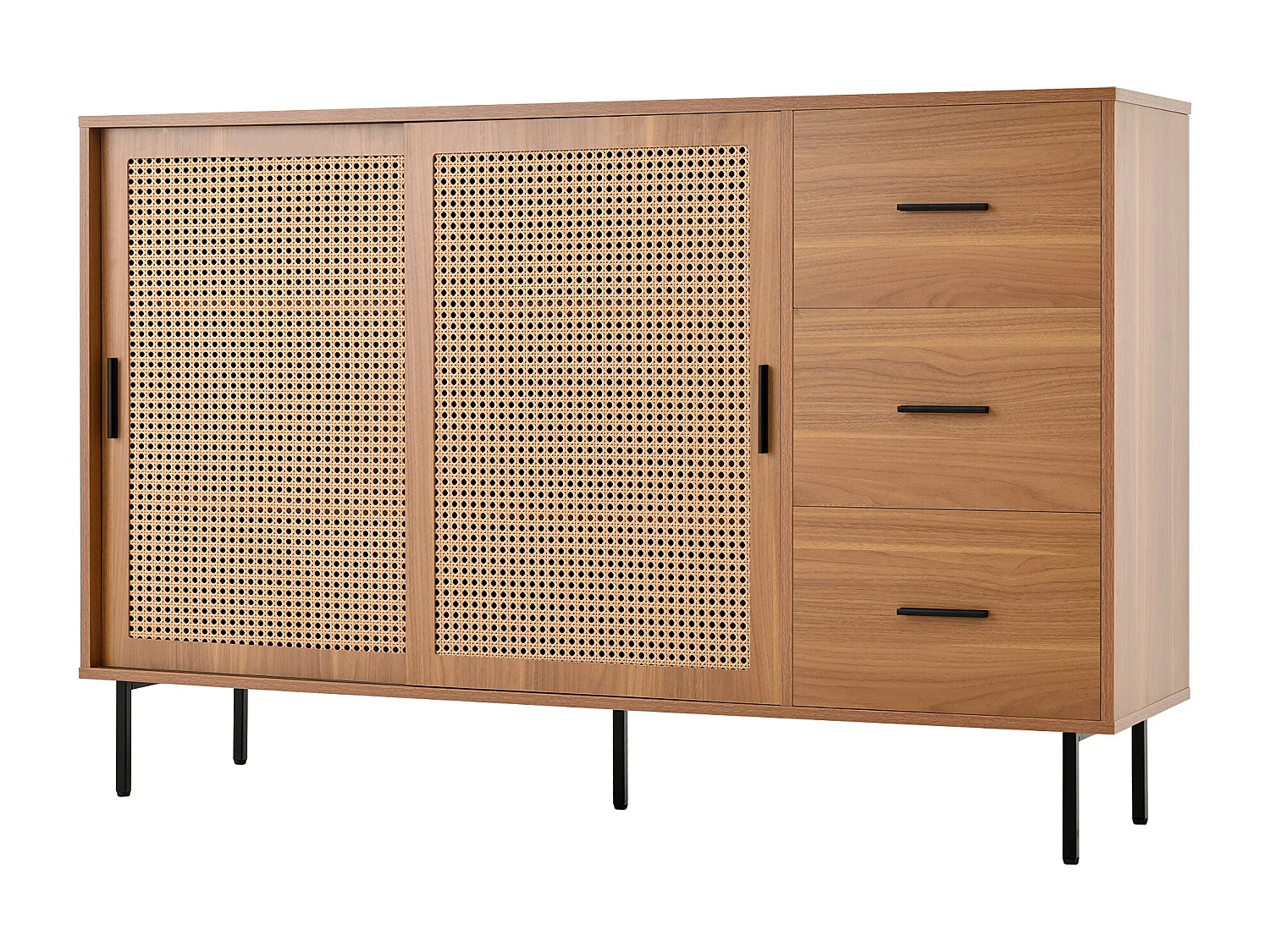 Buffet de cuisine en rotin avec 2 portes coulissantes en rotin et 3 tiroirs, noyer/140 x 37 x 91 cm