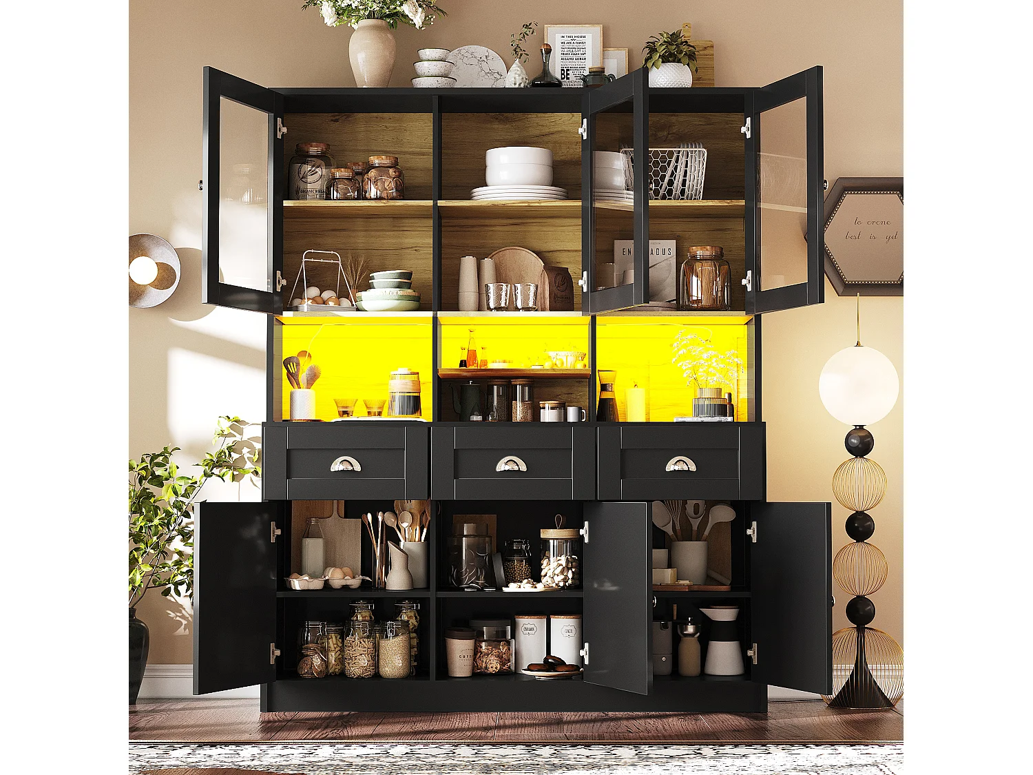 Keuken dressoir 140×40×175 cm, hoge kast met verstelbare planken, vitrinekast met LED-verlichting, zwart