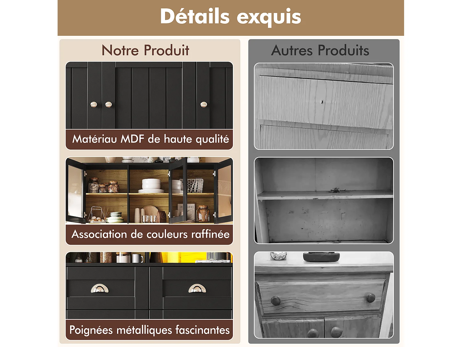 Keuken dressoir 140×40×175 cm, hoge kast met verstelbare planken, vitrinekast met LED-verlichting, zwart