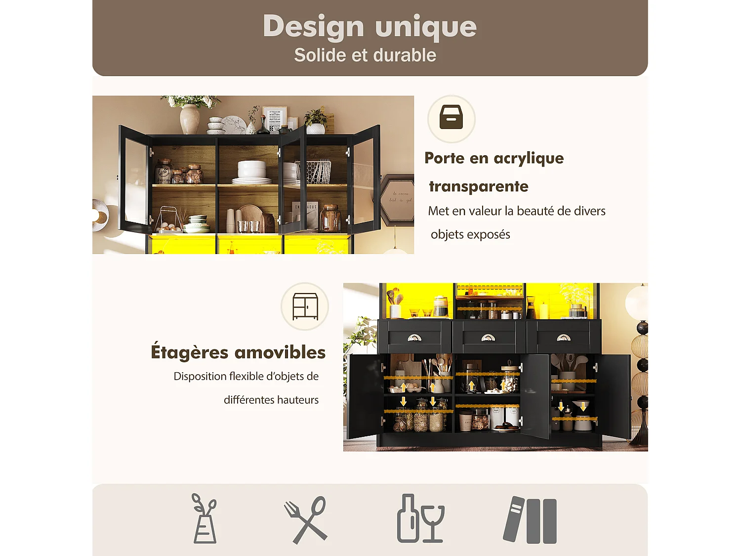 Keuken dressoir 140×40×175 cm, hoge kast met verstelbare planken, vitrinekast met LED-verlichting, zwart