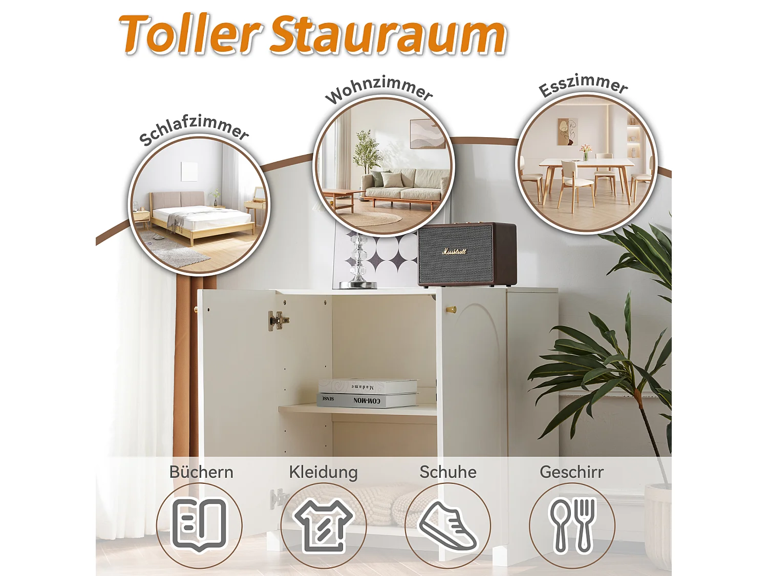 Aparador/Armário 80 x 40 x 80 cm, Armário para Sala de Estar com 2 Portas, Branco Creme