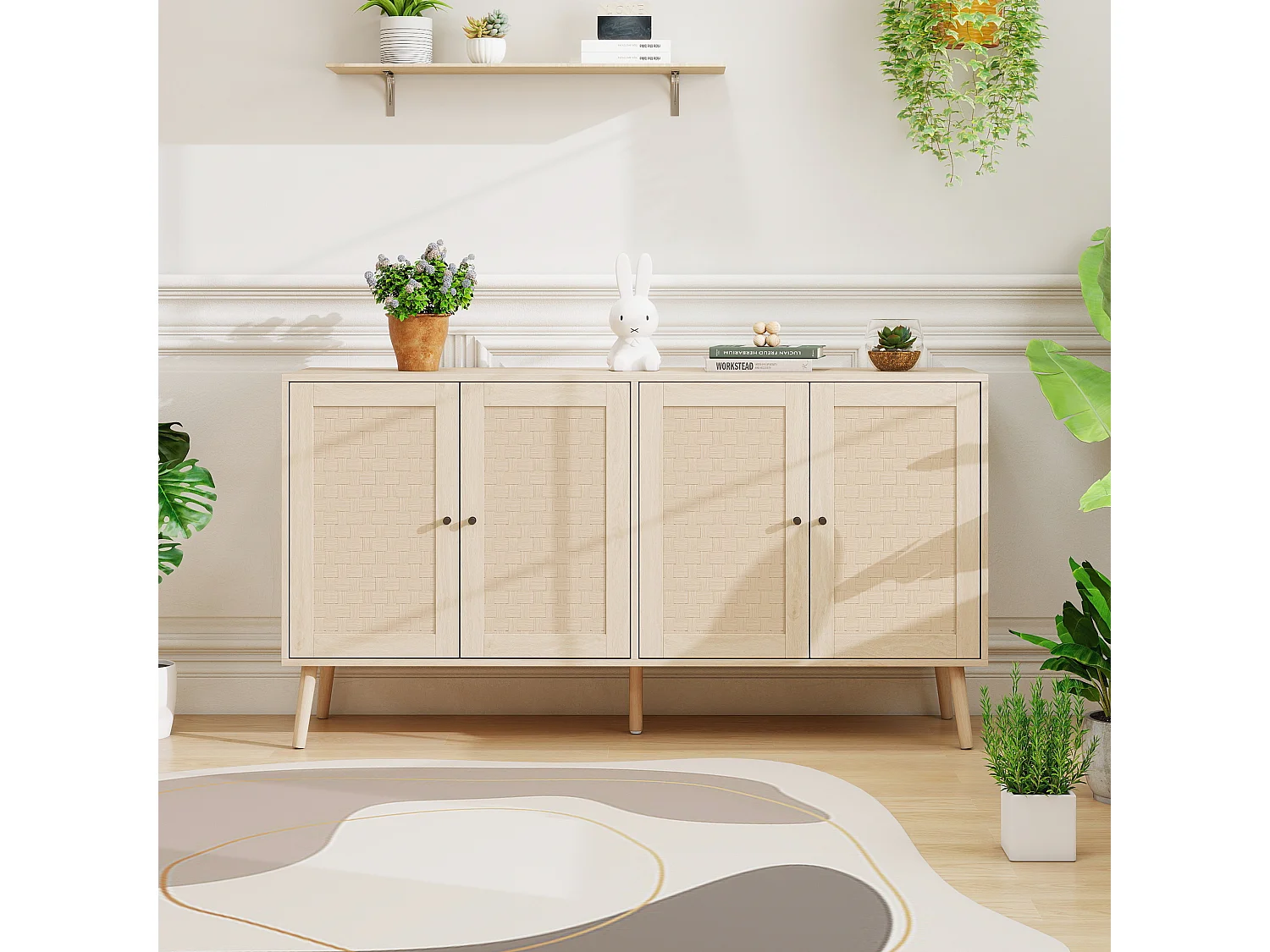 Credenza in legno 150 x 40 x 80 cm, 4 ante, motivo ondulato, mobile moderno per soggiorno/camera da letto