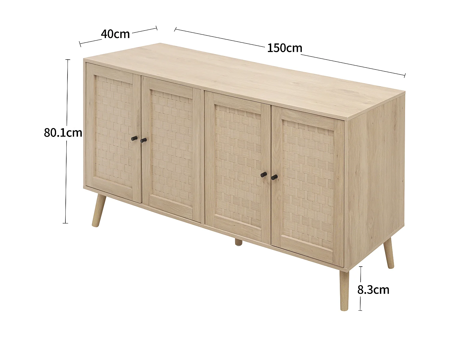 Credenza in legno 150 x 40 x 80 cm, 4 ante, motivo ondulato, mobile moderno per soggiorno/camera da letto