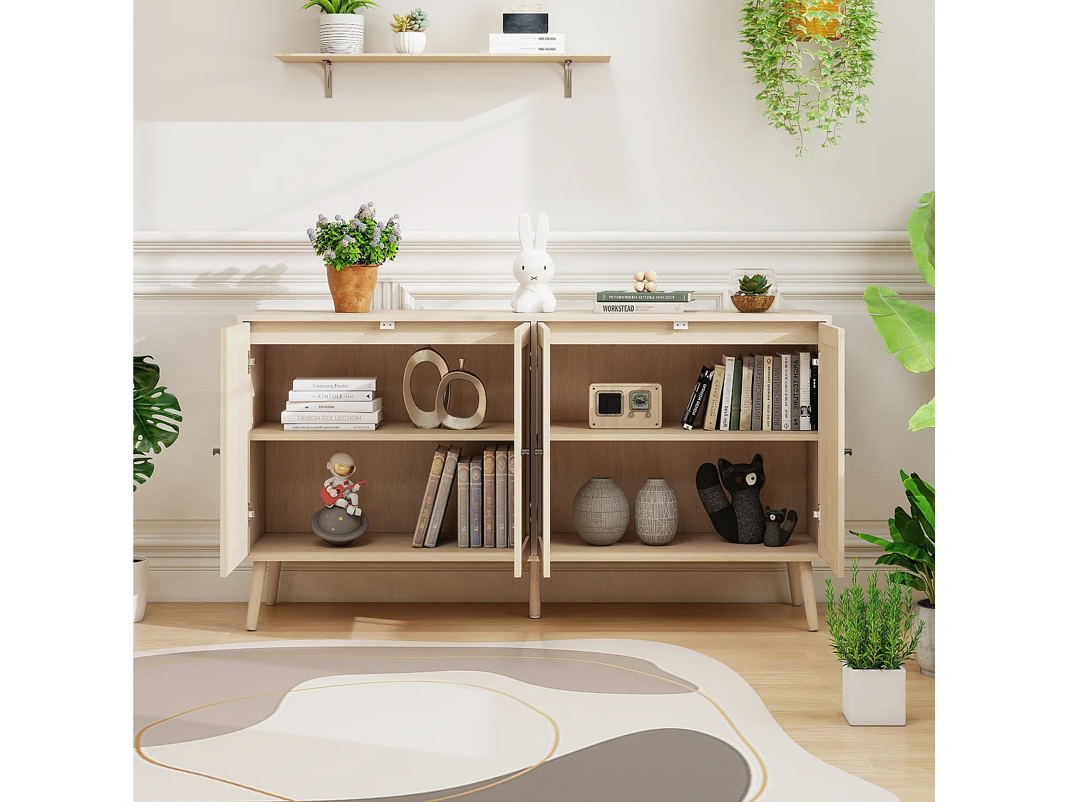 Credenza in legno 150 x 40 x 80 cm, 4 ante, motivo ondulato, mobile moderno per soggiorno/camera da letto