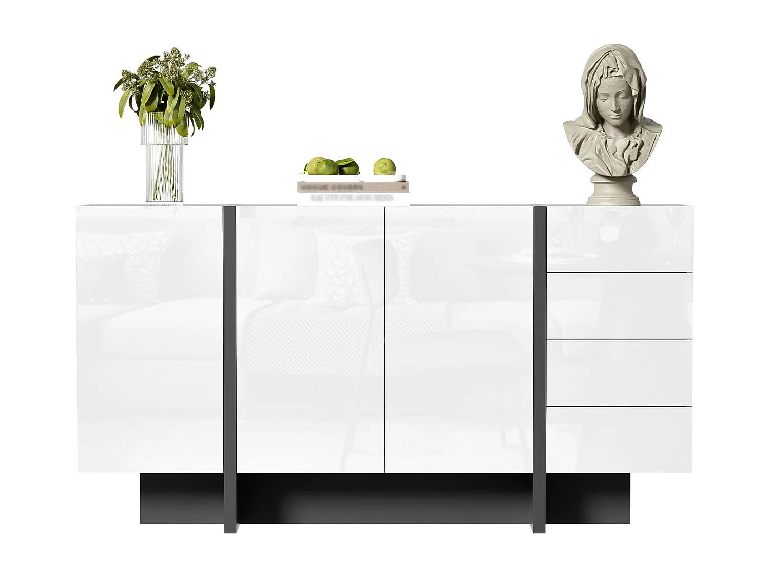 Hoogglans wit dressoir met 2 deuren en 4 laden, voor woonkamer en slaapkamer, 150 x 40 x 80 cm