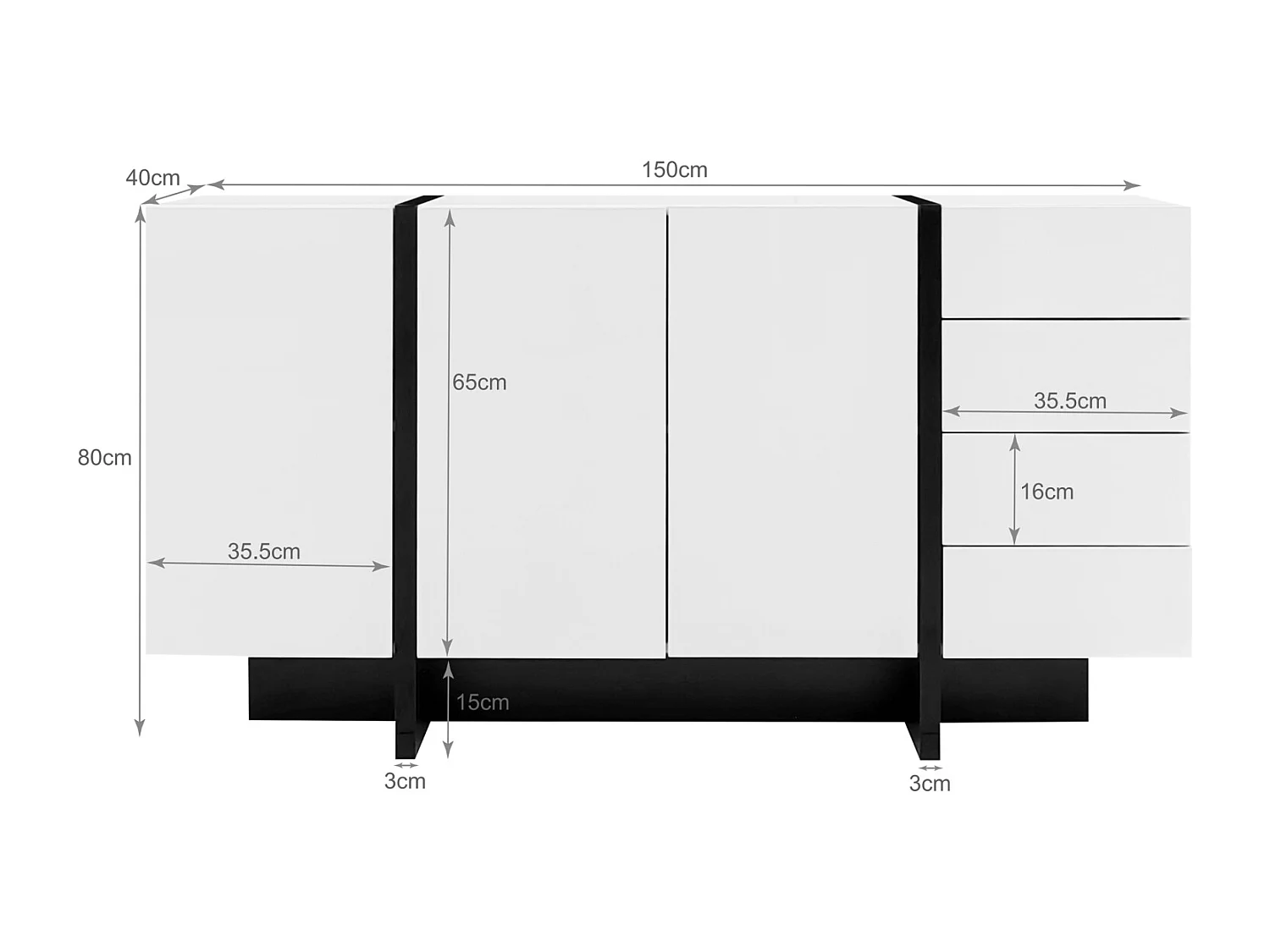 Hoogglans wit dressoir met 2 deuren en 4 laden, voor woonkamer en slaapkamer, 150 x 40 x 80 cm
