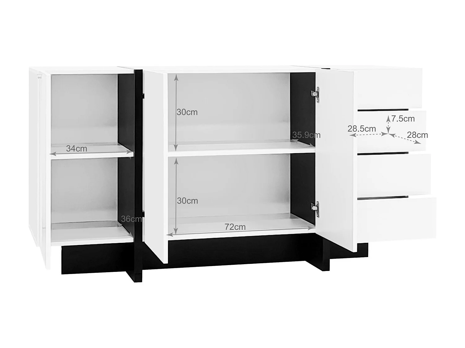 Hoogglans wit dressoir met 2 deuren en 4 laden, voor woonkamer en slaapkamer, 150 x 40 x 80 cm