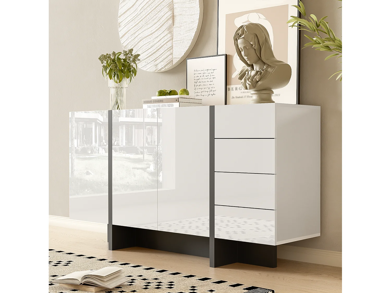 Buffet blanc brillant avec 2 portes et 4 tiroirs, pour Salon et Chambre à Coucher,150 x 40 x 80 cm