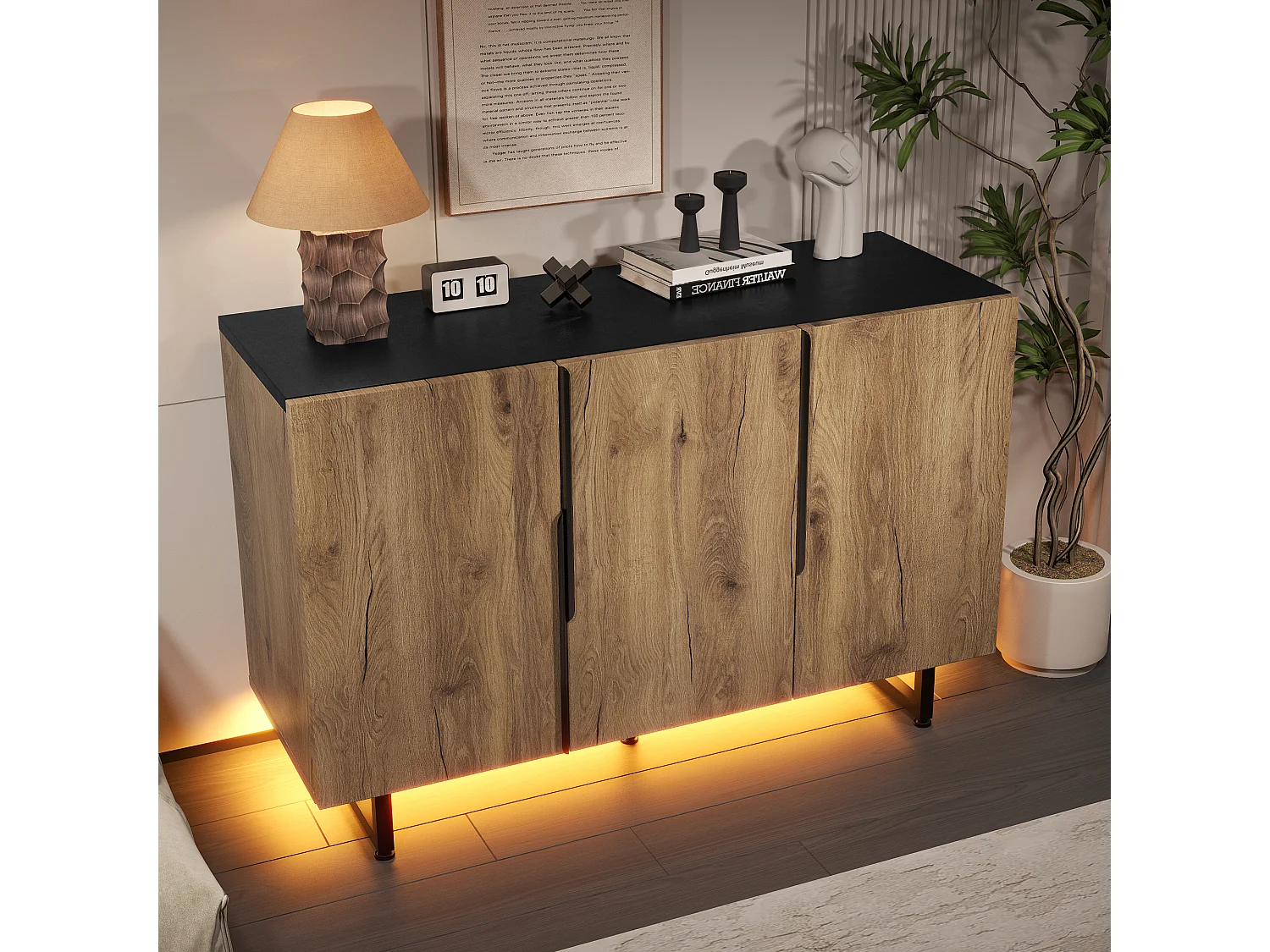 Aparador com iluminação LED, armário de cozinha, prateleira ajustável, 3 portas, 120 x 40 x 80 cm, madeira, cor natural.