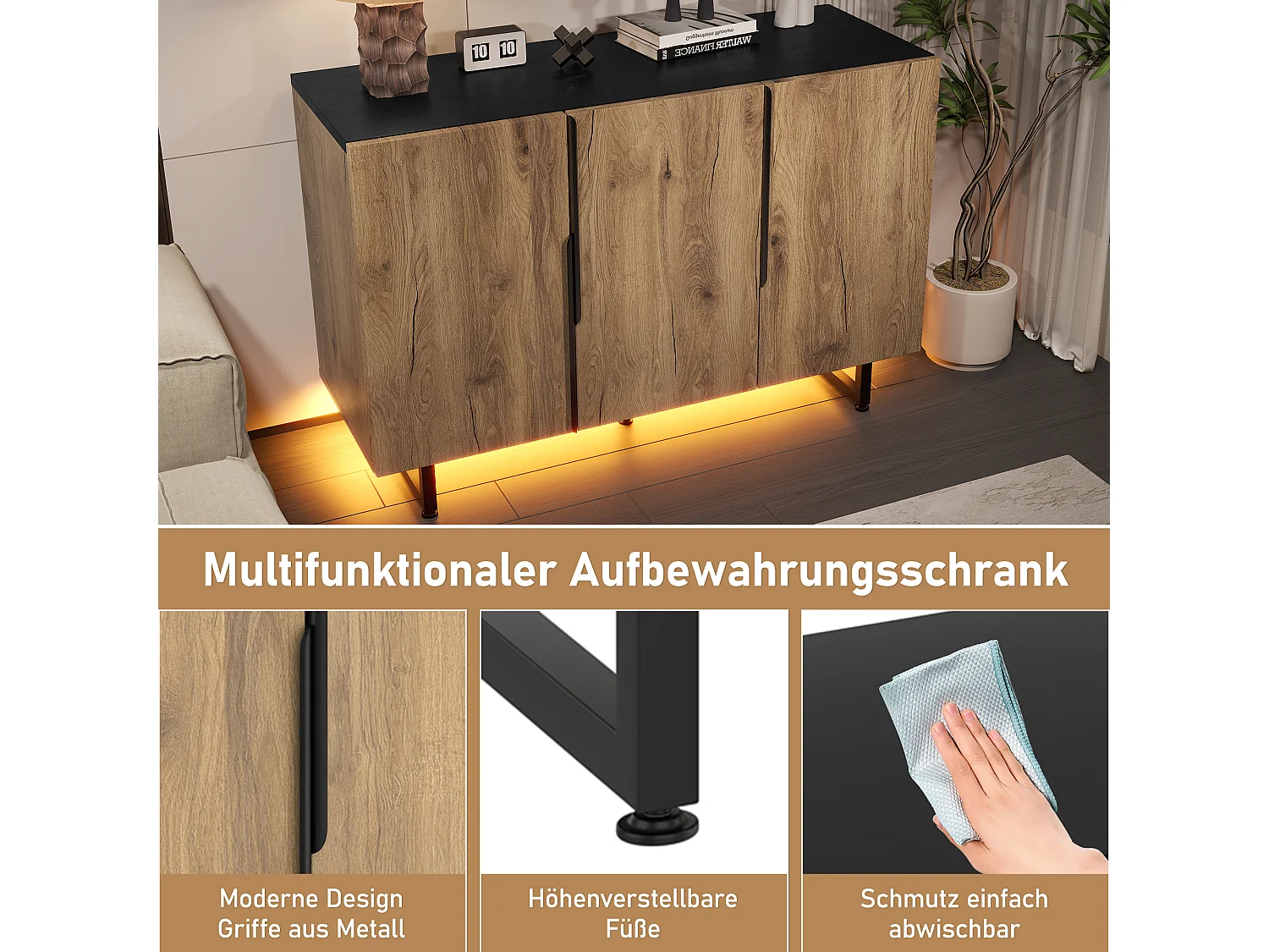 Aparador com iluminação LED, armário de cozinha, prateleira ajustável, 3 portas, 120 x 40 x 80 cm, madeira, cor natural.