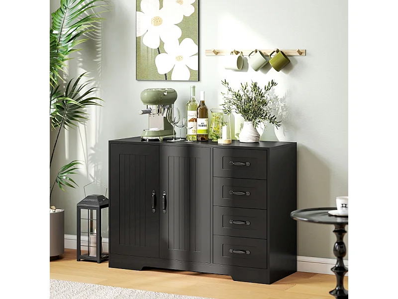 Modern zwart dressoir, 4 lades + 1 deur, 105 x 40 x 76 cm, woonkamer en slaapkamer