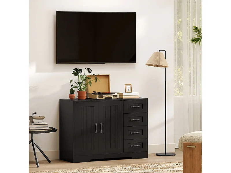 Modern zwart dressoir, 4 lades + 1 deur, 105 x 40 x 76 cm, woonkamer en slaapkamer