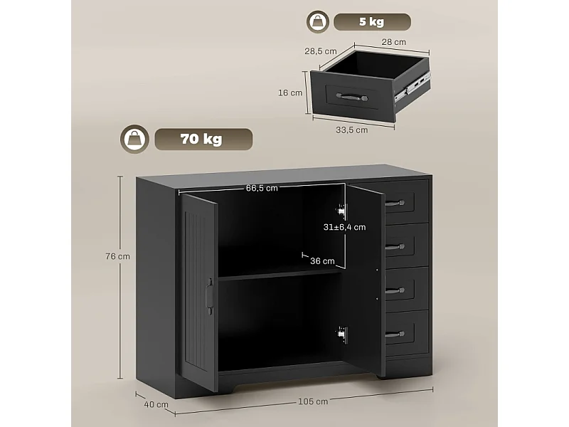Modern zwart dressoir, 4 lades + 1 deur, 105 x 40 x 76 cm, woonkamer en slaapkamer