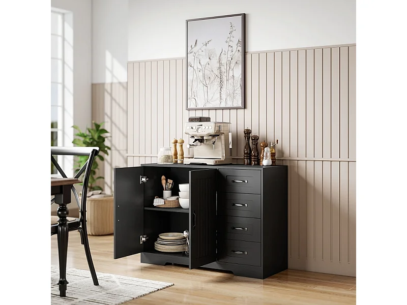 Modern zwart dressoir, 4 lades + 1 deur, 105 x 40 x 76 cm, woonkamer en slaapkamer