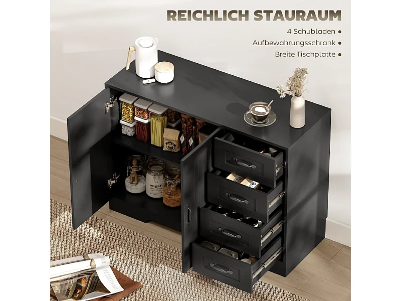Modern zwart dressoir, 4 lades + 1 deur, 105 x 40 x 76 cm, woonkamer en slaapkamer
