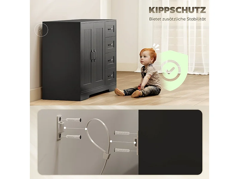 Modern zwart dressoir, 4 lades + 1 deur, 105 x 40 x 76 cm, woonkamer en slaapkamer