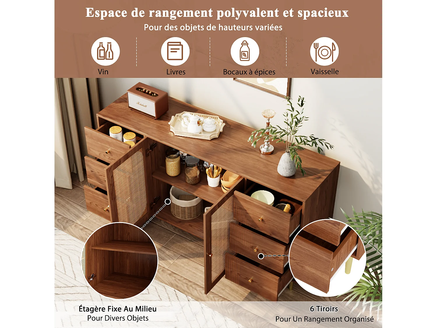 Houten dressoir met rotandeuren en lade, 160 x 40 x 90 cm, bruin, voor woonkamer of keuken