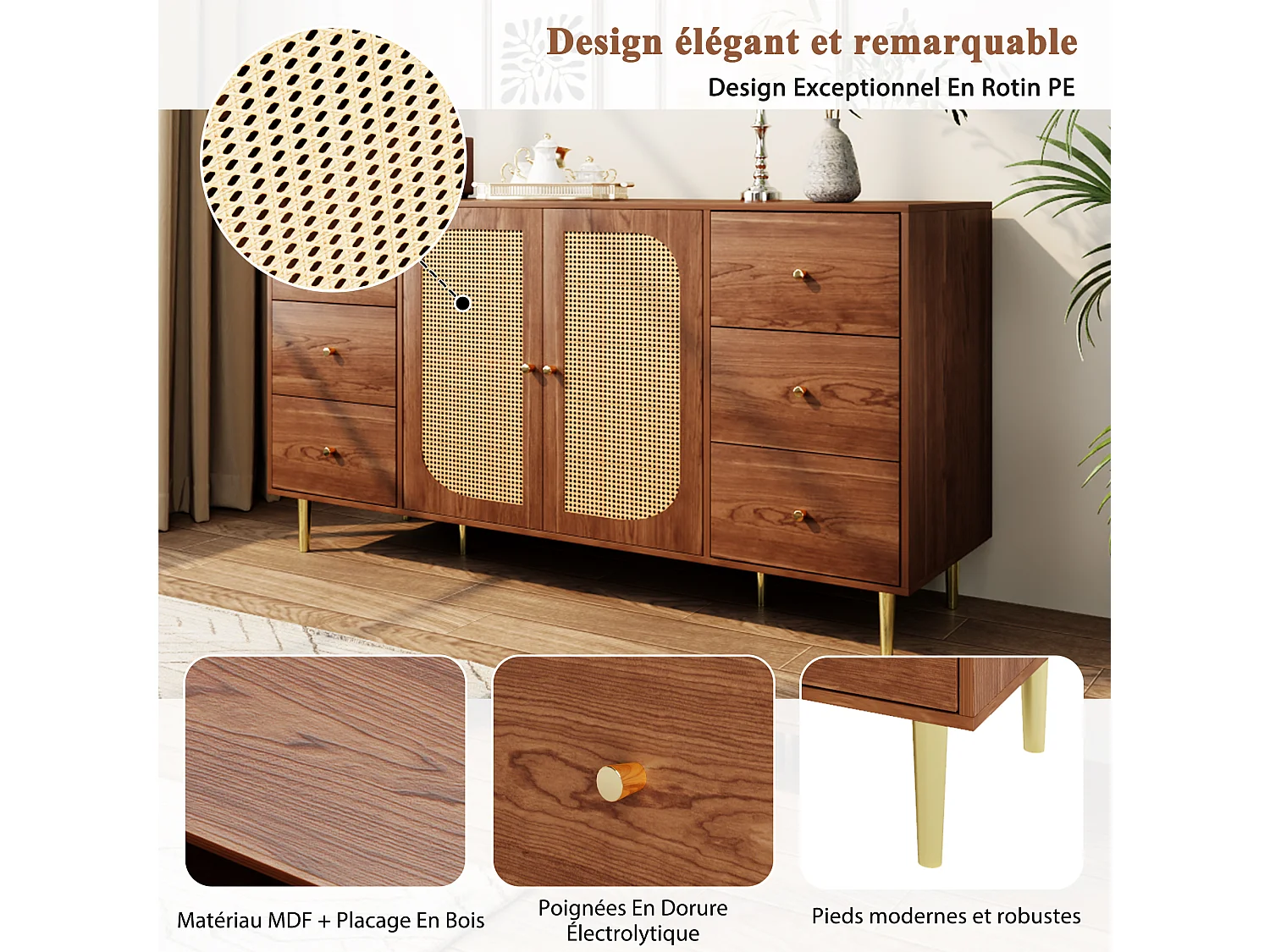 Houten dressoir met rotandeuren en lade, 160 x 40 x 90 cm, bruin, voor woonkamer of keuken