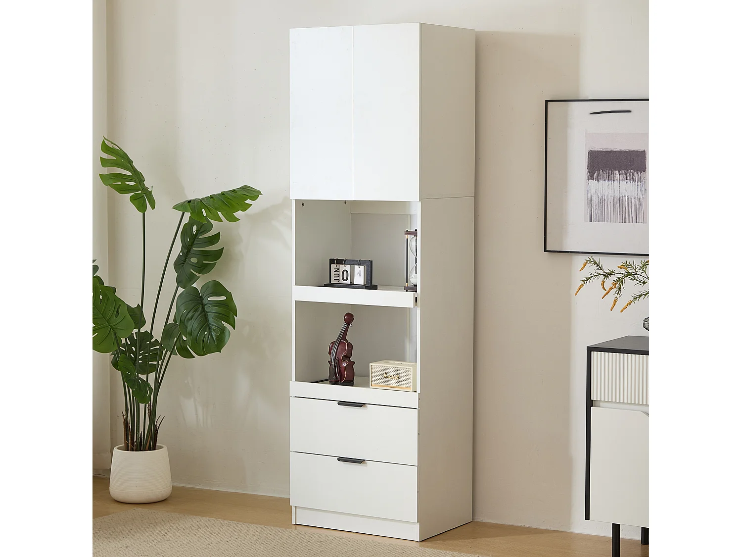 Aparador de cozinha de 200 cm de altura com portas e gavetas, prateleiras para micro-ondas, proteção anti-tombamento, branco