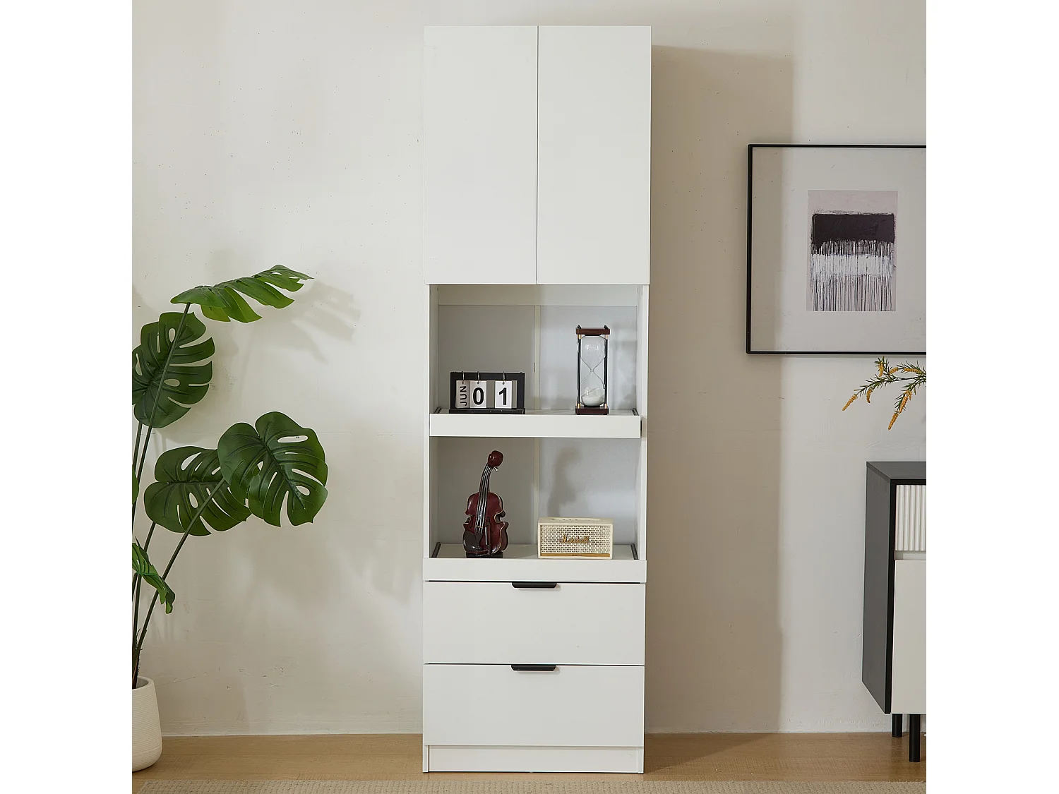 Aparador de cozinha de 200 cm de altura com portas e gavetas, prateleiras para micro-ondas, proteção anti-tombamento, branco