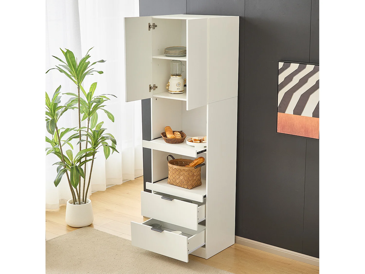 Aparador de cozinha de 200 cm de altura com portas e gavetas, prateleiras para micro-ondas, proteção anti-tombamento, branco