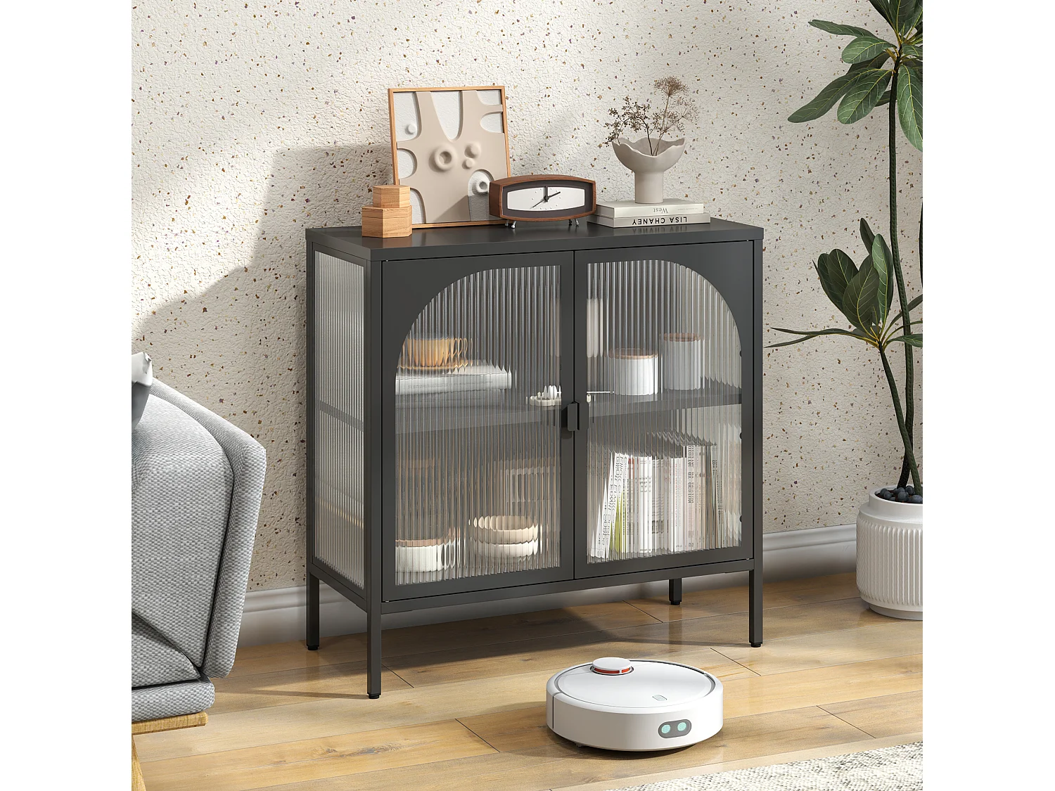 Aparador moderno em estilo industrial com prateleiras ajustáveis para sala de estar, cozinha e sala de jantar, preto.